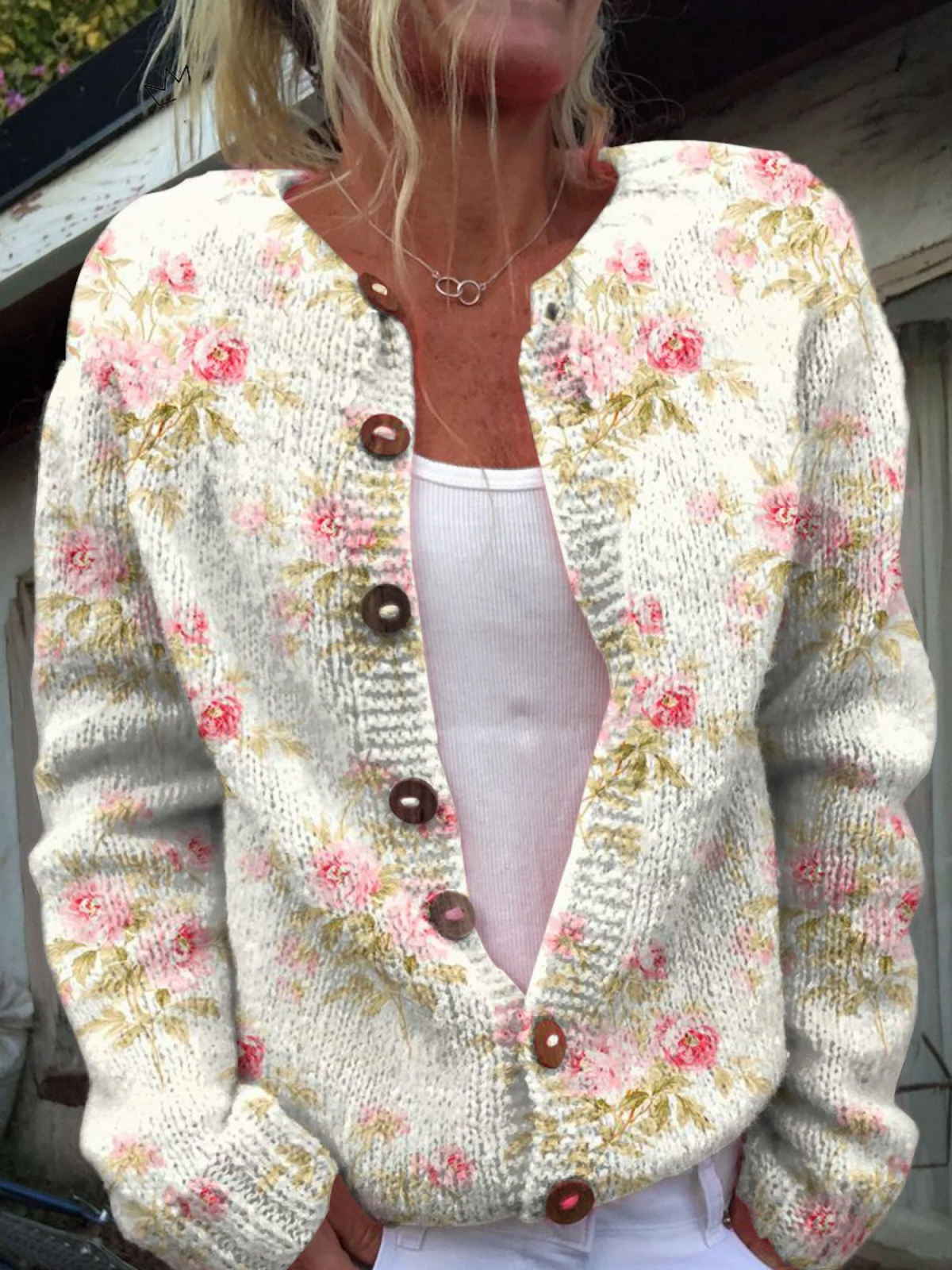 Button-Up Cardigan with Rose Floral and Green Leaf Print