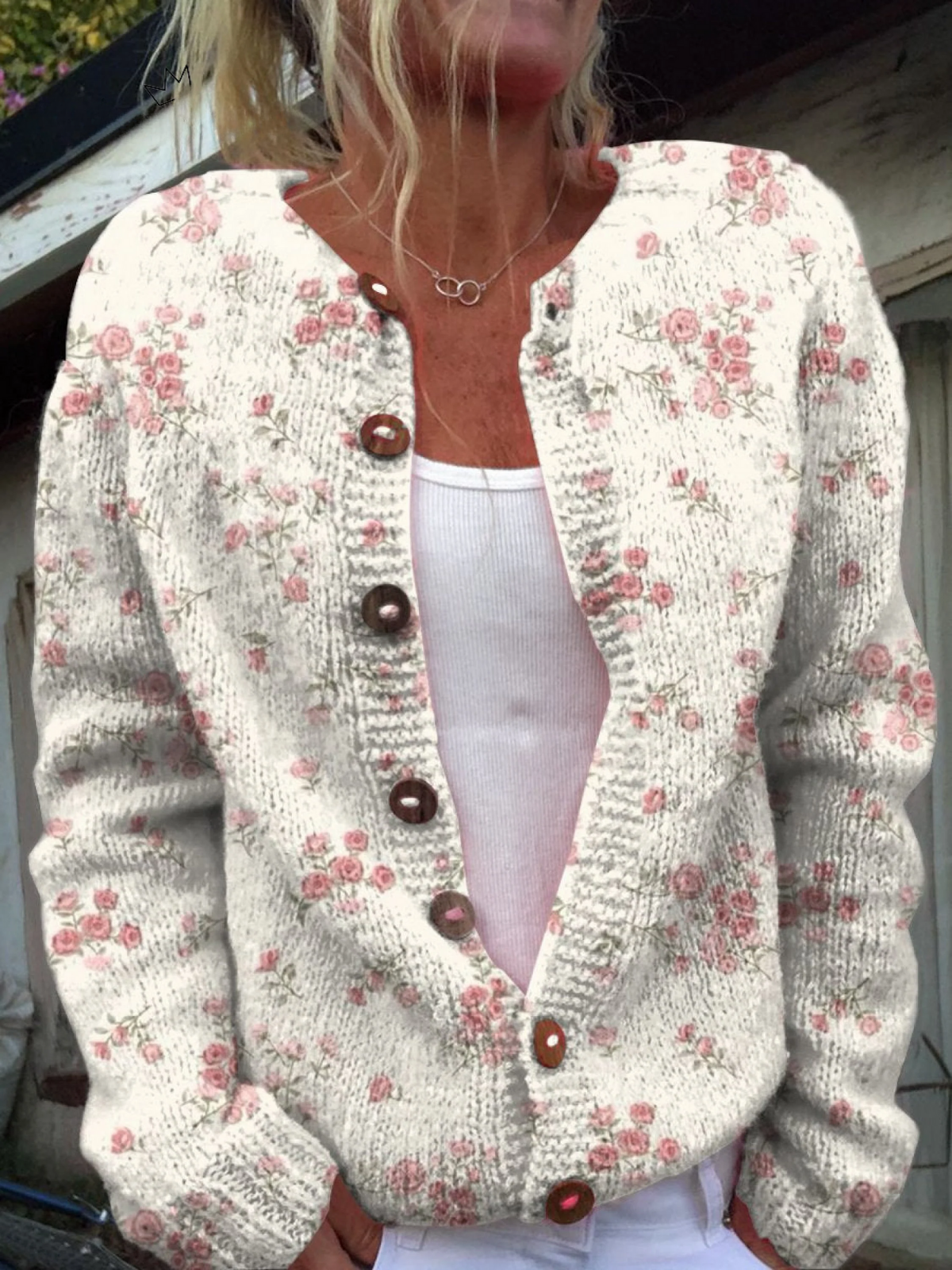 Button-Up Cardigan with Rose Rosette Floral Design