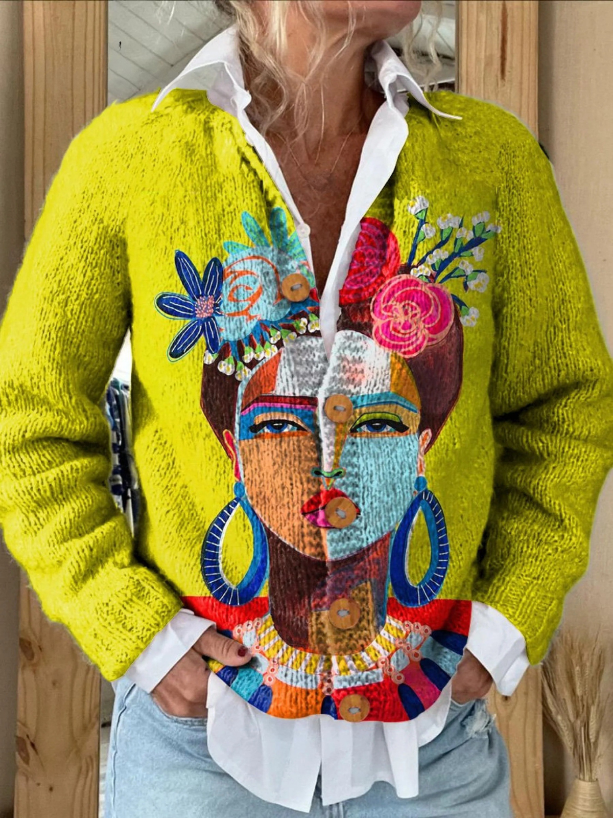 Freda Portrait Art Oil Painting Button-Up Cardigan