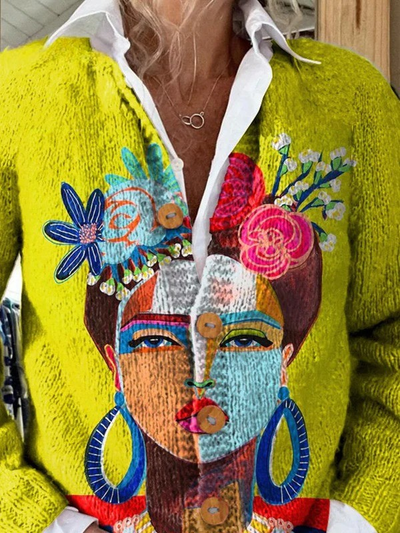 Freda Portrait Art Oil Painting Button-Up Cardigan
