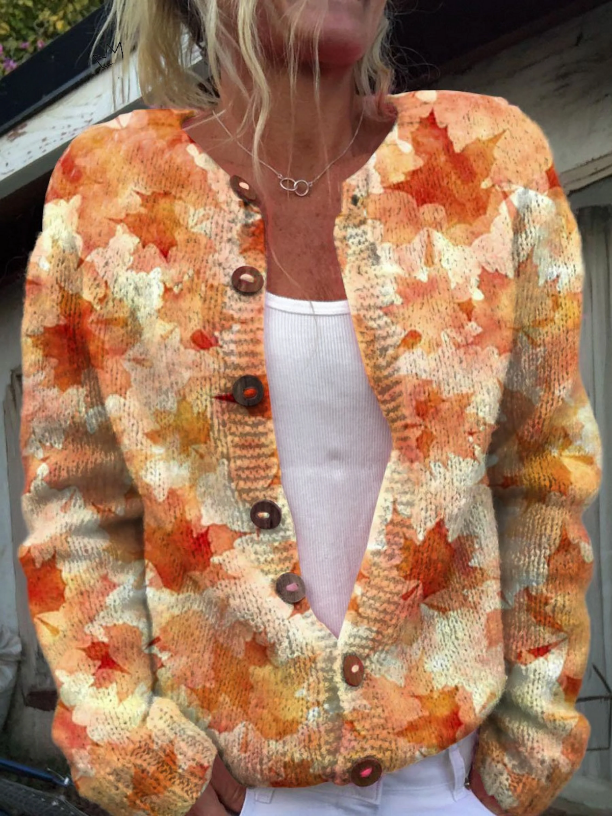 Button-Up Cardigan with Maple Leaf Autumn Design
