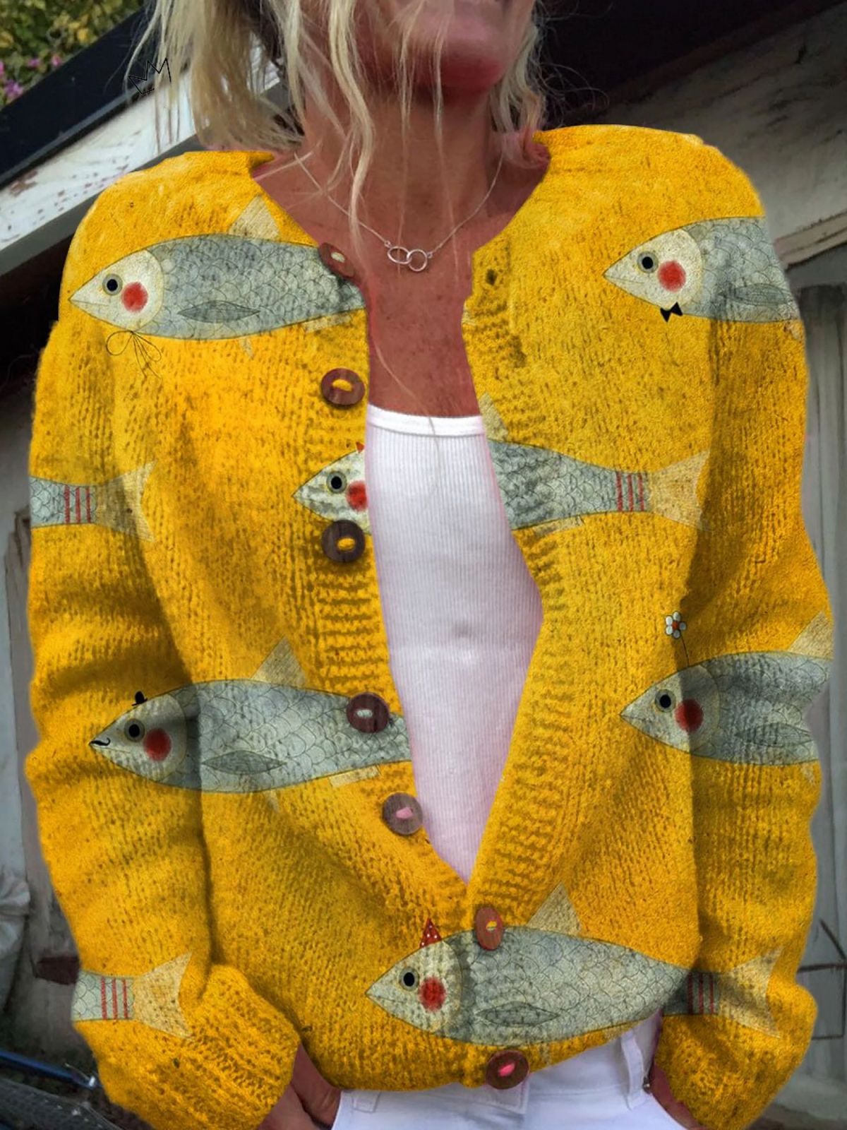 Vintage Sardine Art Print Button-Up Cardigan Sweater