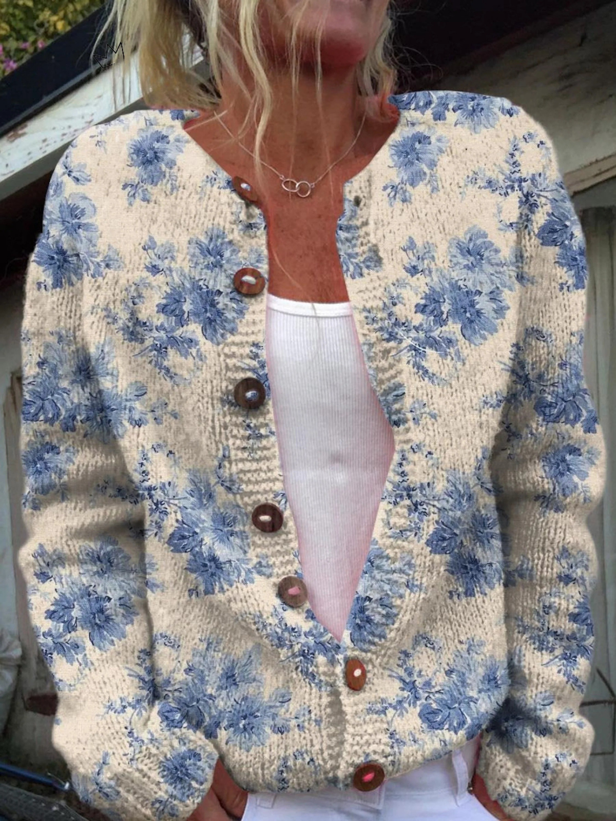Women's Button-Up Cardigan with Floral Art Print