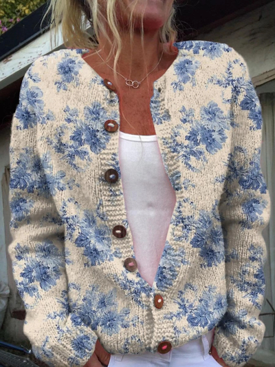 Women's Button-Up Cardigan with Floral Art Print