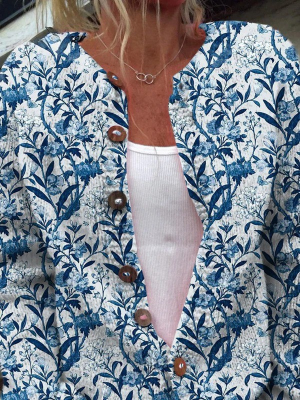 Chic Blue and White Floral Print Button-Up Cardigan