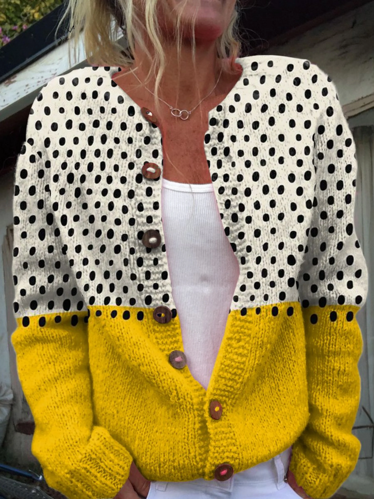 Button-Up Floral Geometric Dotted Cardigan