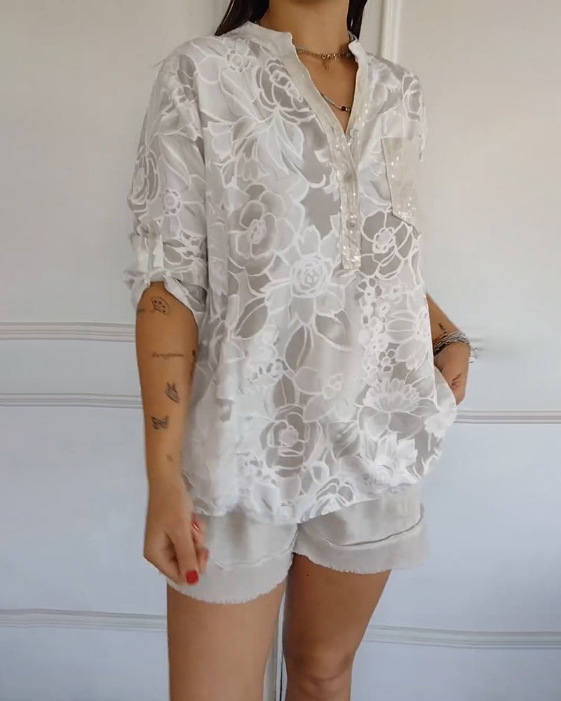 Printed V-Neck T-Shirt with Button Details