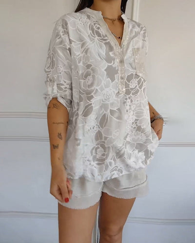 Printed V-Neck T-Shirt with Button Details