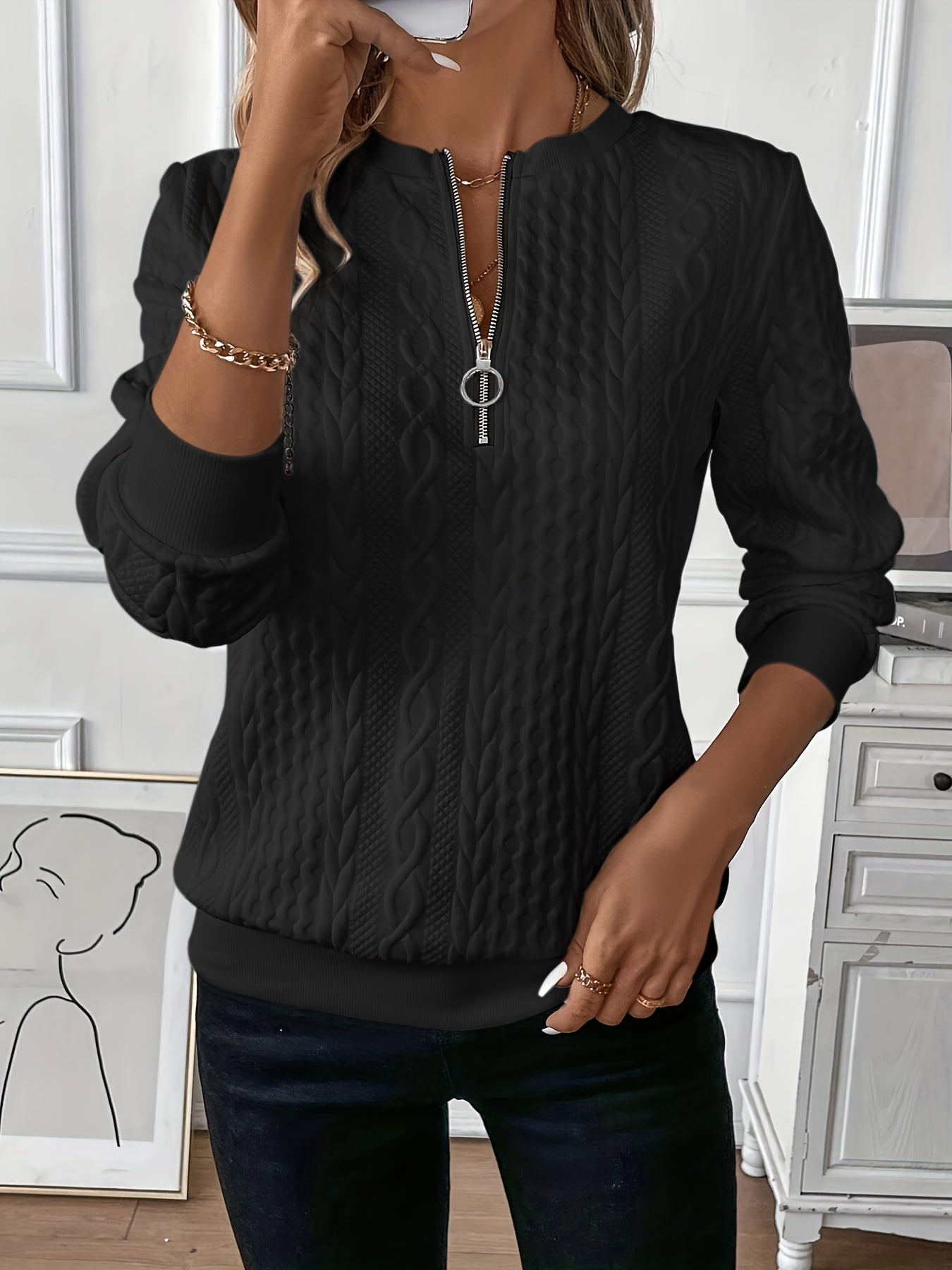 Feniel | Women's Zip Neck Cable Knit Sweater