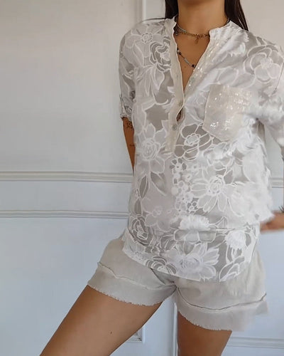 Printed V-Neck T-Shirt with Button Details