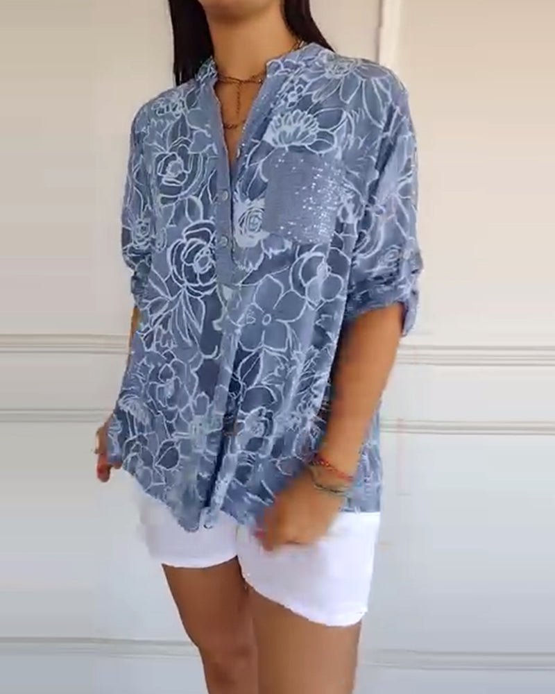 Printed V-Neck T-Shirt with Button Details
