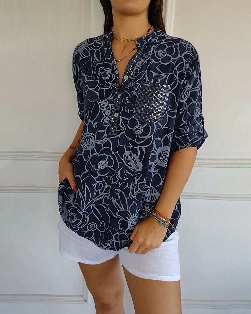 Printed V-Neck T-Shirt with Button Details
