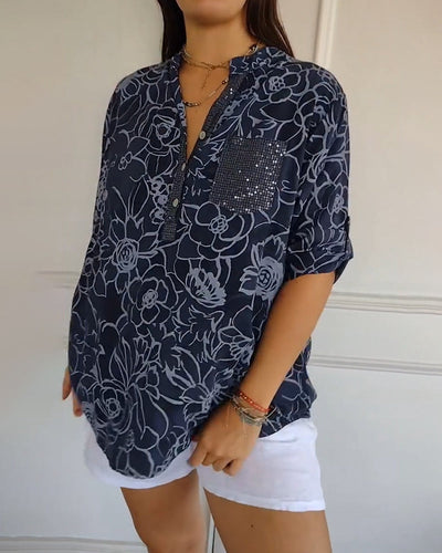 Printed V-Neck T-Shirt with Button Details