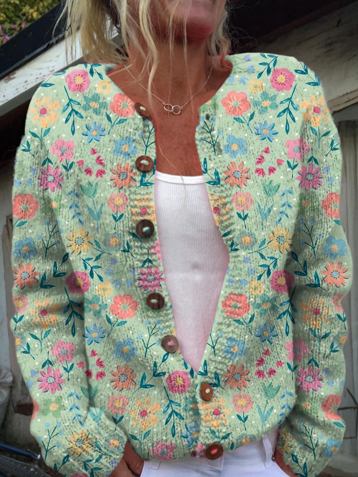 Button-Up Cardigan with Summer Floral Field Pattern