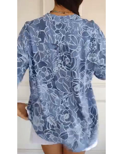Printed V-Neck T-Shirt with Button Details