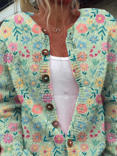 Button-Up Cardigan with Summer Floral Field Pattern