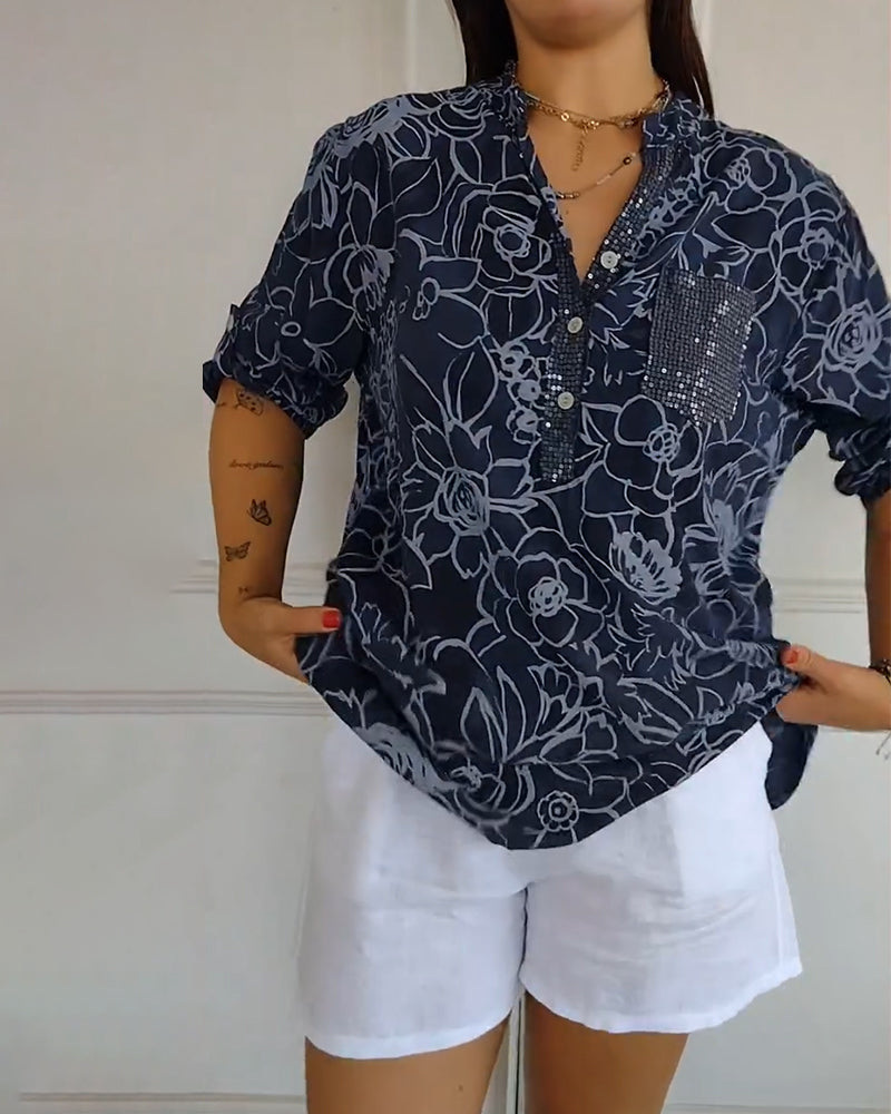 Printed V-Neck T-Shirt with Button Details