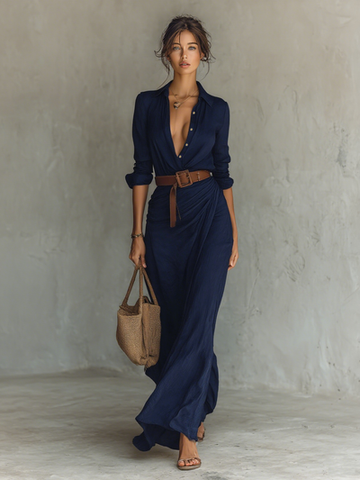 Althea | Long Maxi Dress with Notched Collar