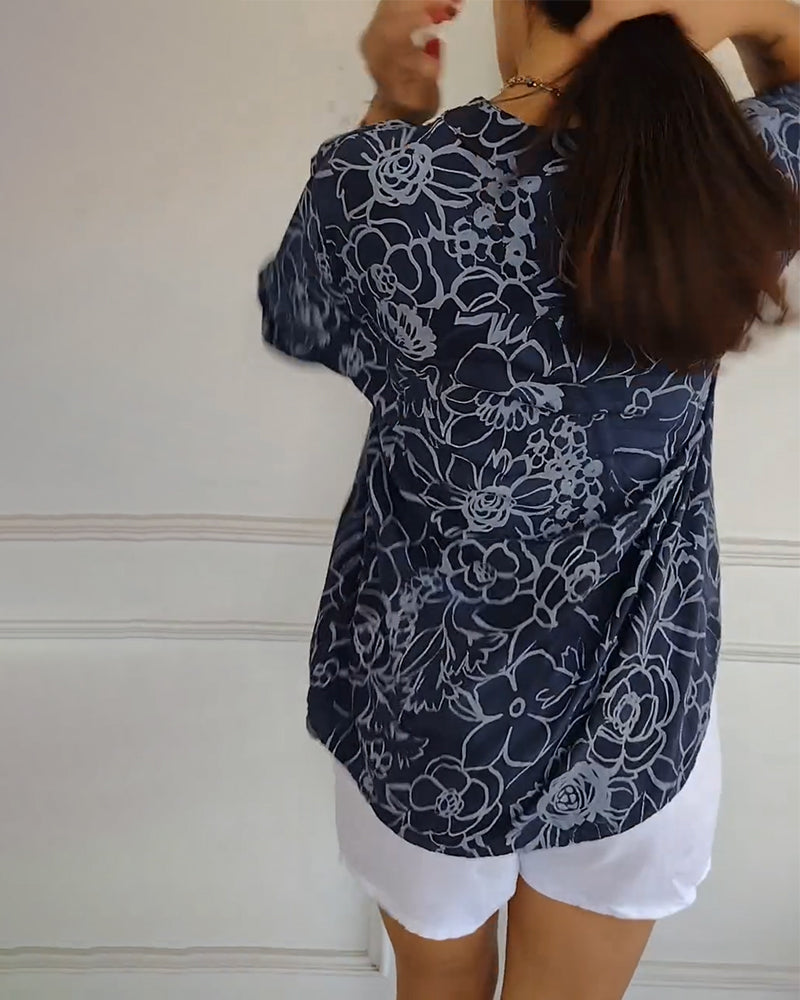 Printed V-Neck T-Shirt with Button Details