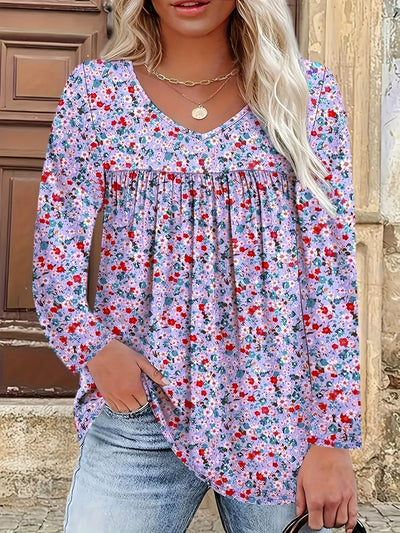 Zoey&Rose | Women's Blouse with Floral Print - V-neck Plus Size