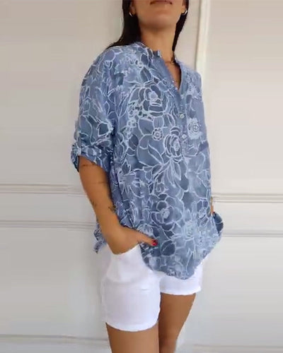 Printed V-Neck T-Shirt with Button Details