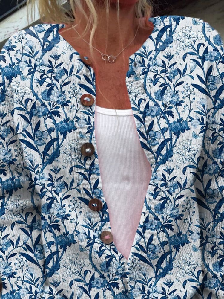 Chic Blue and White Floral Button-Up Cardigan