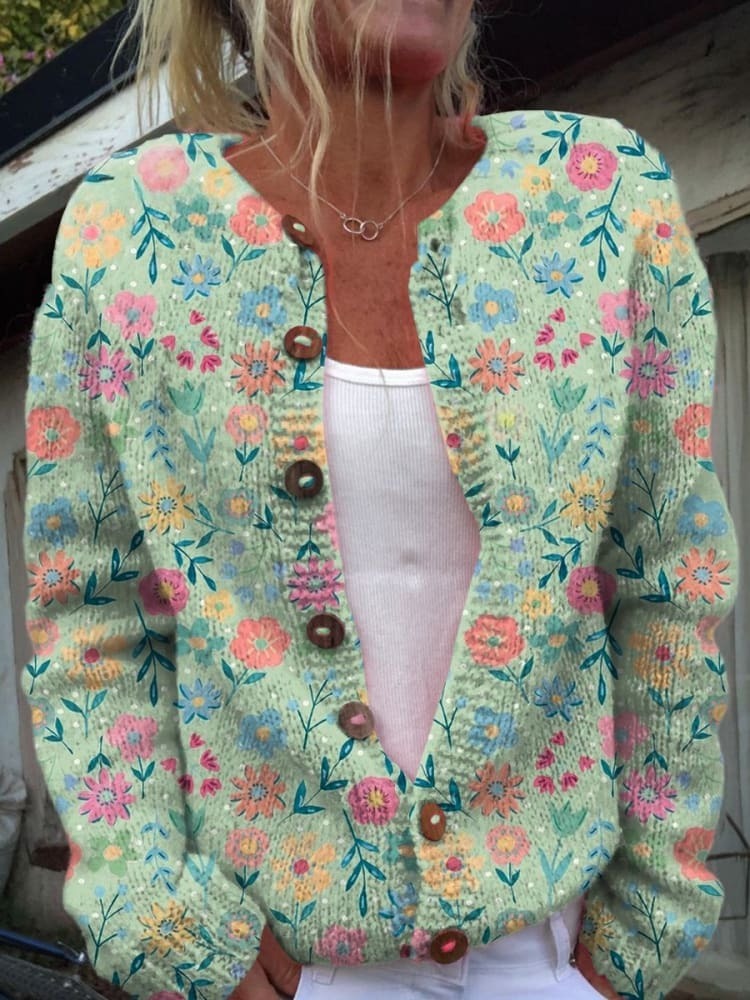 Button-Up Cardigan with Summer Wildflower Print
