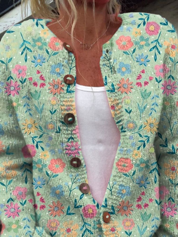 Button-Up Cardigan with Summer Wildflower Print