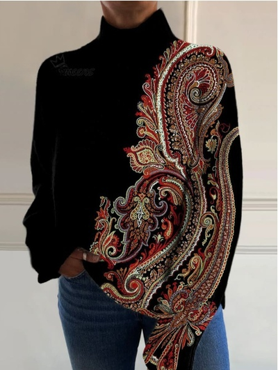 Vintage-Inspired Knitted Turtleneck with Retro Pattern Art Print