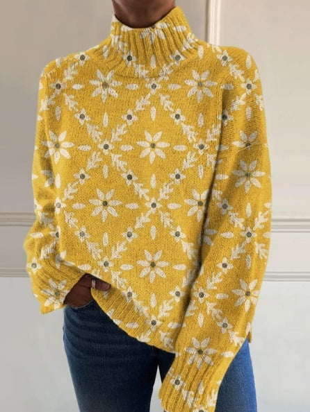 Retro Color Block Floral Knit Turtleneck Sweater