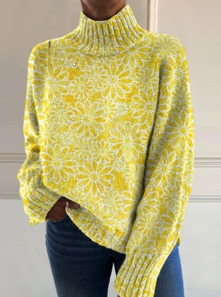 Retro Color Block Floral Knit Turtleneck Sweater