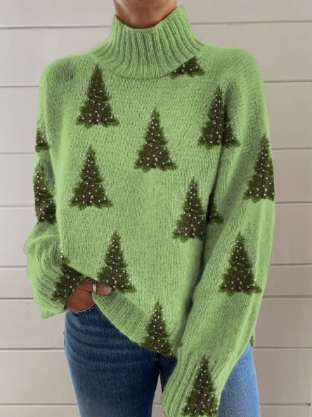 Retro Color Block Floral Knit Turtleneck Sweater