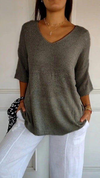 V-Neck 3/4 Sleeve Women's Blouse in Soft Knit