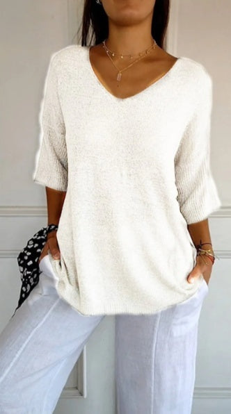 V-Neck 3/4 Sleeve Women's Blouse in Soft Knit