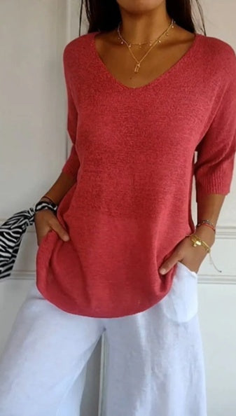 V-Neck 3/4 Sleeve Women's Blouse in Soft Knit