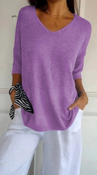 V-Neck 3/4 Sleeve Women's Blouse in Soft Knit