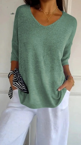 V-Neck 3/4 Sleeve Women's Blouse in Soft Knit