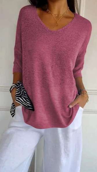 V-Neck 3/4 Sleeve Women's Blouse in Soft Knit
