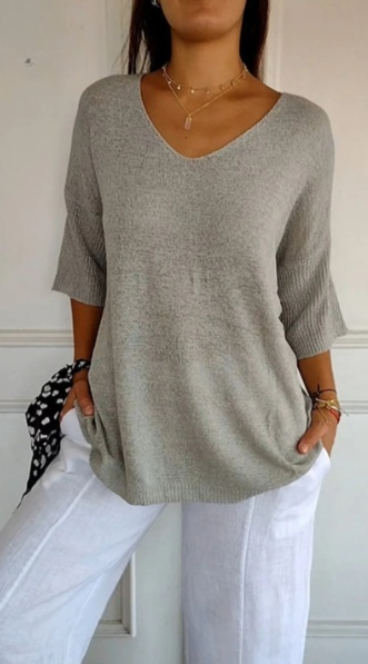 V-Neck 3/4 Sleeve Women's Blouse in Soft Knit