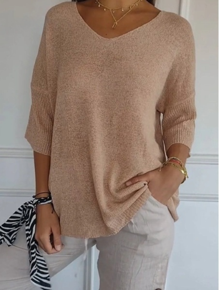 V-Neck 3/4 Sleeve Women's Blouse in Soft Knit