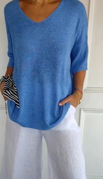 V-Neck 3/4 Sleeve Women's Blouse in Soft Knit
