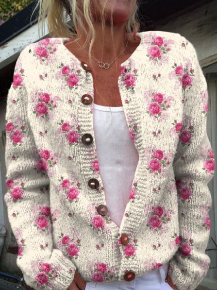 Watercolor French Rose Pattern Cardigan
