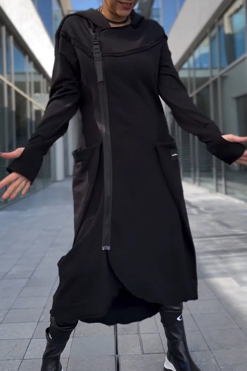 Hildegard | Hooded Dress with Long Sleeves and Asymmetrical Hem
