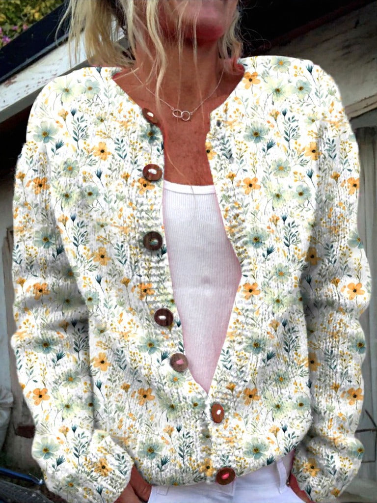 Charming Floral Print Button-Up Cardigan
