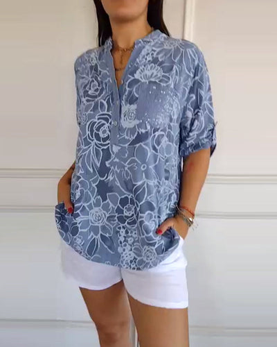 Printed V-Neck T-Shirt with Button Details
