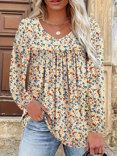 Zoey&Rose | Women's Blouse with Floral Print - V-neck Plus Size