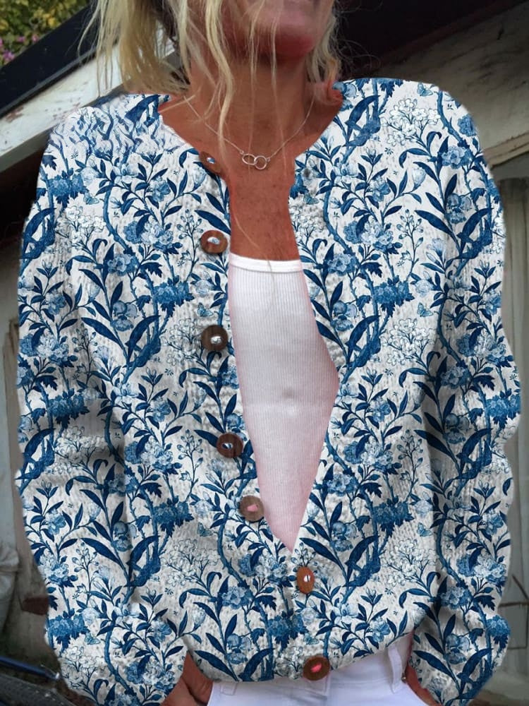 Chic Blue and White Floral Button-Up Cardigan
